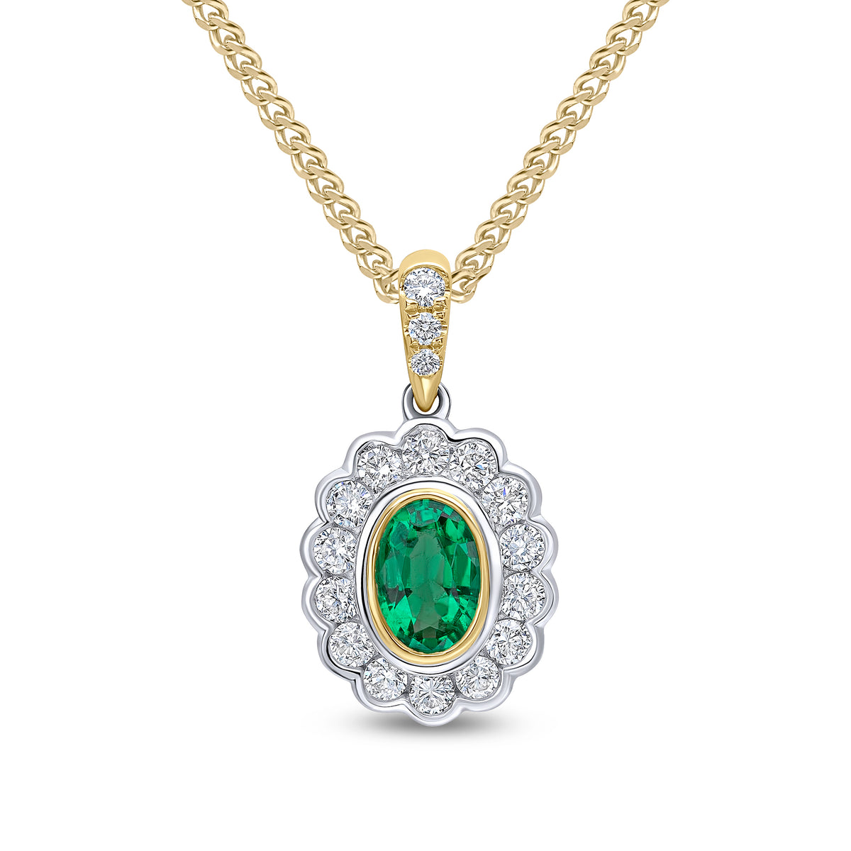 18CT YWG OVAL EMERALD AND ROUND DIAMOND RUBOVER CLUSTER PENDANT. CLAW SET DIAMOND LOOP
