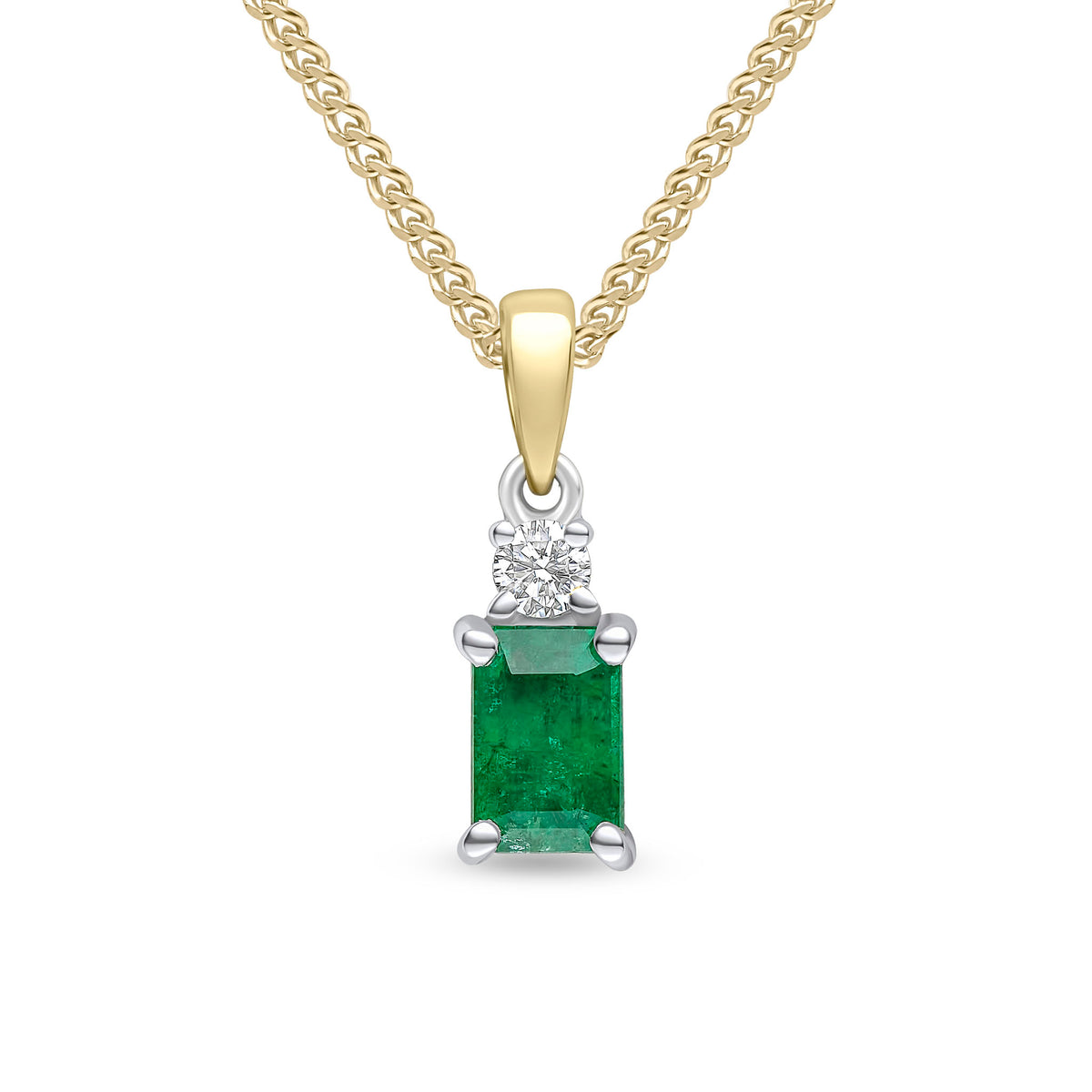 18CT WG 6X4 OCTAGON EMERALD AND ROUND DIAMOND 2ST PENDANT WITH YG LOOP