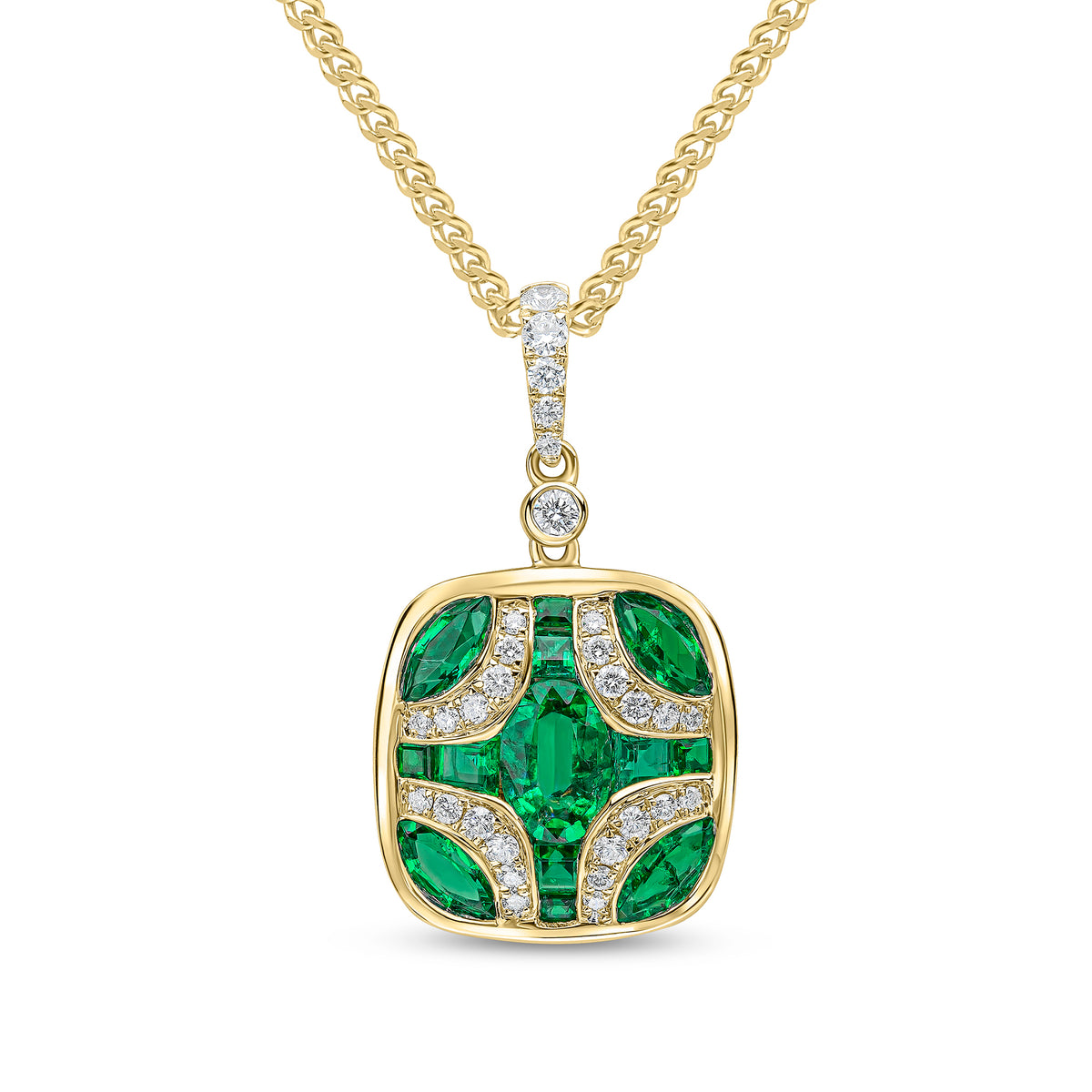 18CT YG EMERALD & DIAMOND SHIELD PENDANT WITH DIAMOND SET LOOP
