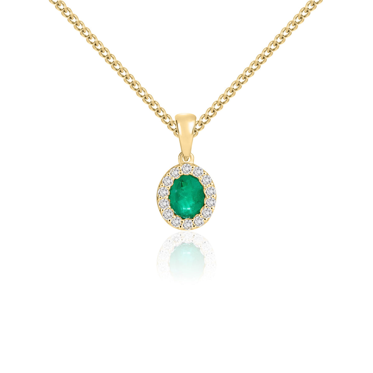18CT YG 5X4 OVAL EMERALD & DIAMOND MICROSET CLUSTER PENDANT