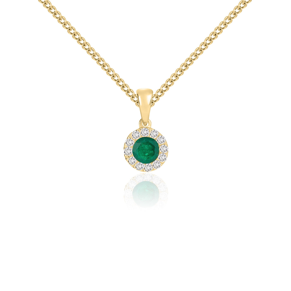 18CT YG 4MM ROUND EMERALD AND DIAMOND MICROSET CLUSTER PENDANT WITH PLAIN LOOP