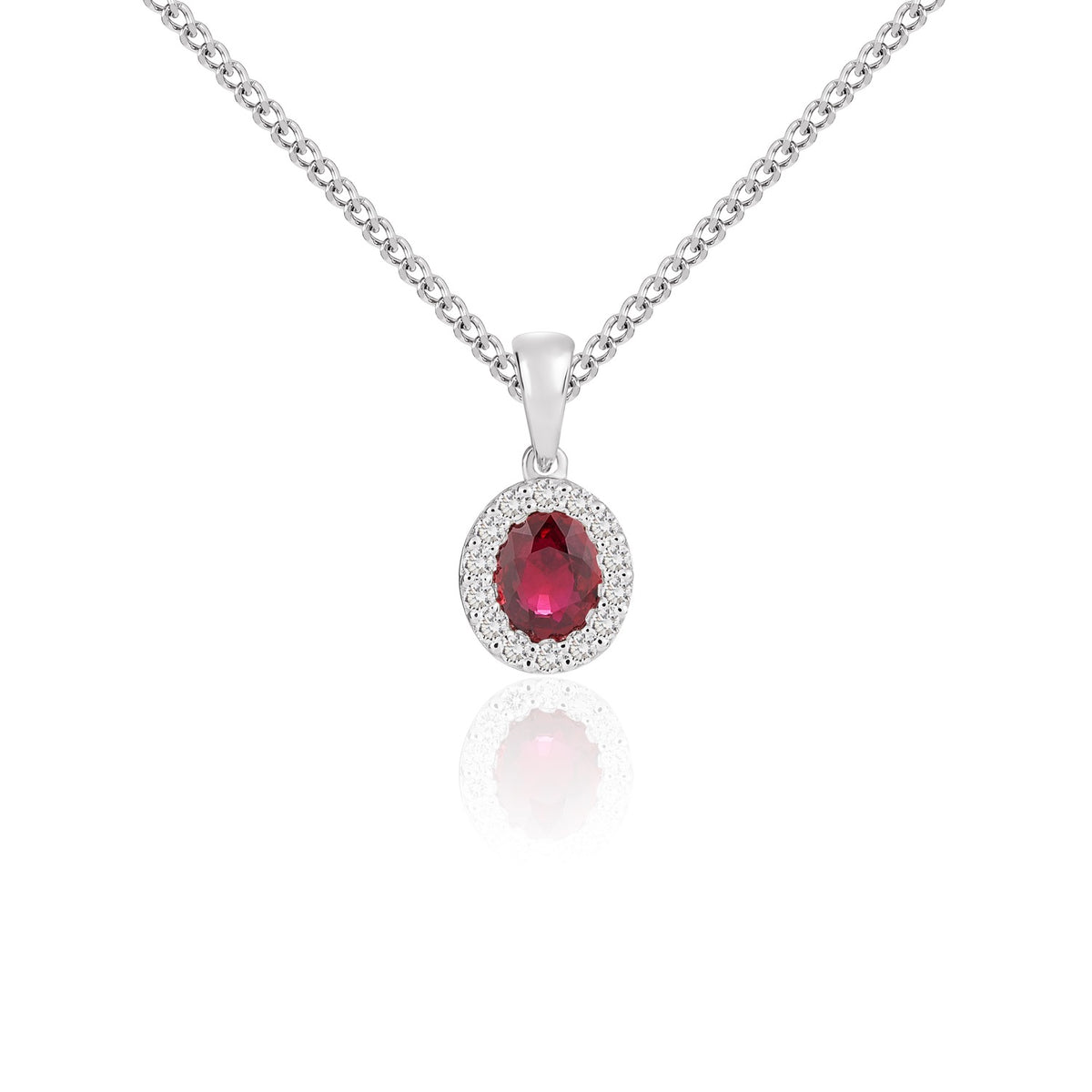 18CT WG 5X4MM OVAL RUBY & DIAMOND MICROSET CLUSTER PENDANT