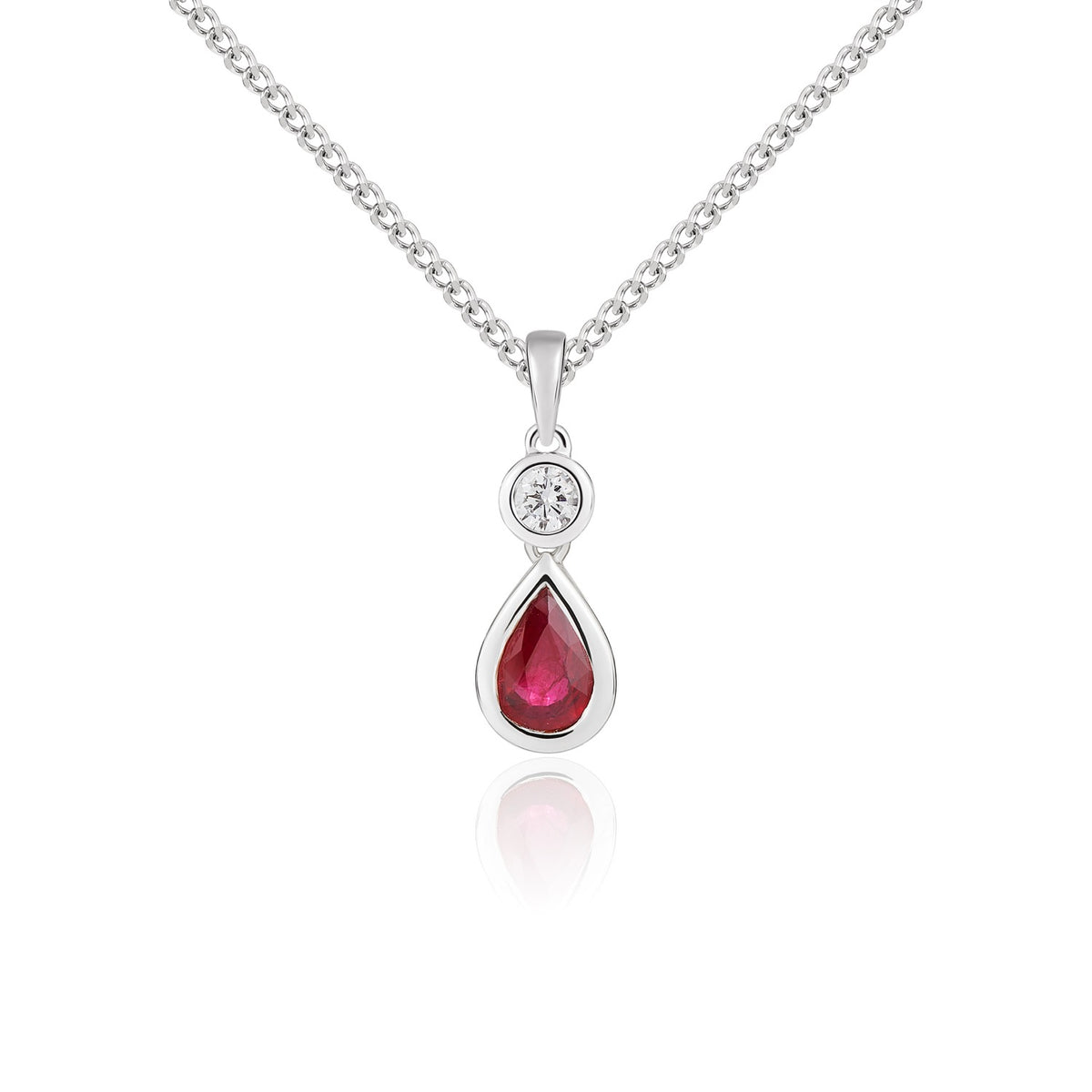 18CT WG PEARSHAPE RUBY AND ROUND DIAMOND 2ST RUBOVER PENDANT