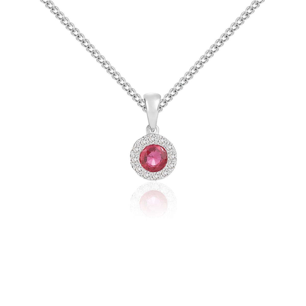 18CT WG 4MM ROUND RUBY AND DIAMOND MICROSET CLUSTER PENDANT WITH PLAIN LOOP