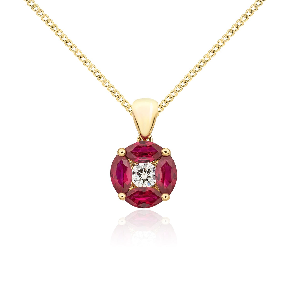 18CT YELLOW GOLD MARQUISE RUBY AND ROUND DIAMOND CLAW SET CLUSTER PENDANT WITH PLAIN LOOP