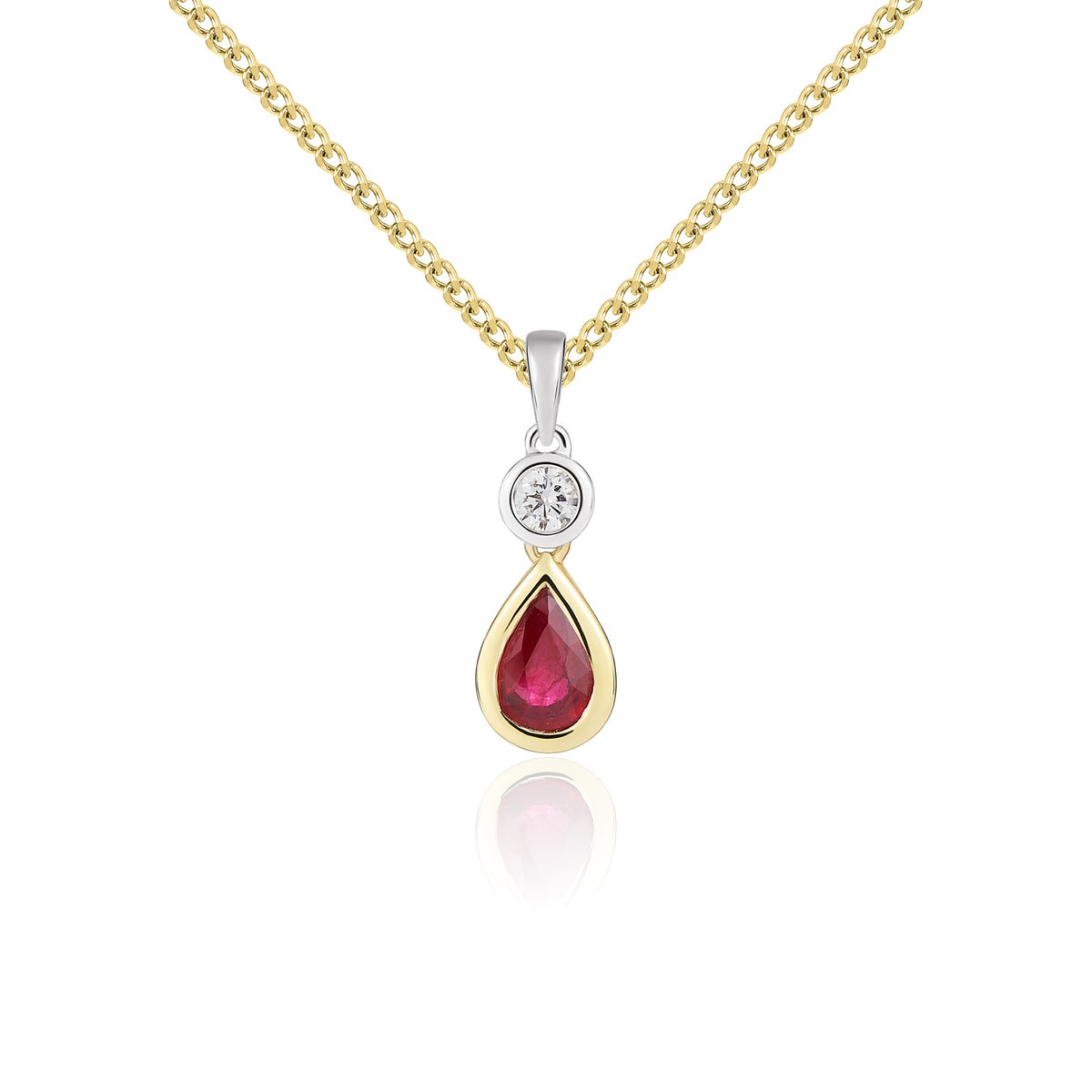 18CT YWG PEARSHAPE RUBY AND ROUND DIAMOND 2ST RUBOVER PENDANT