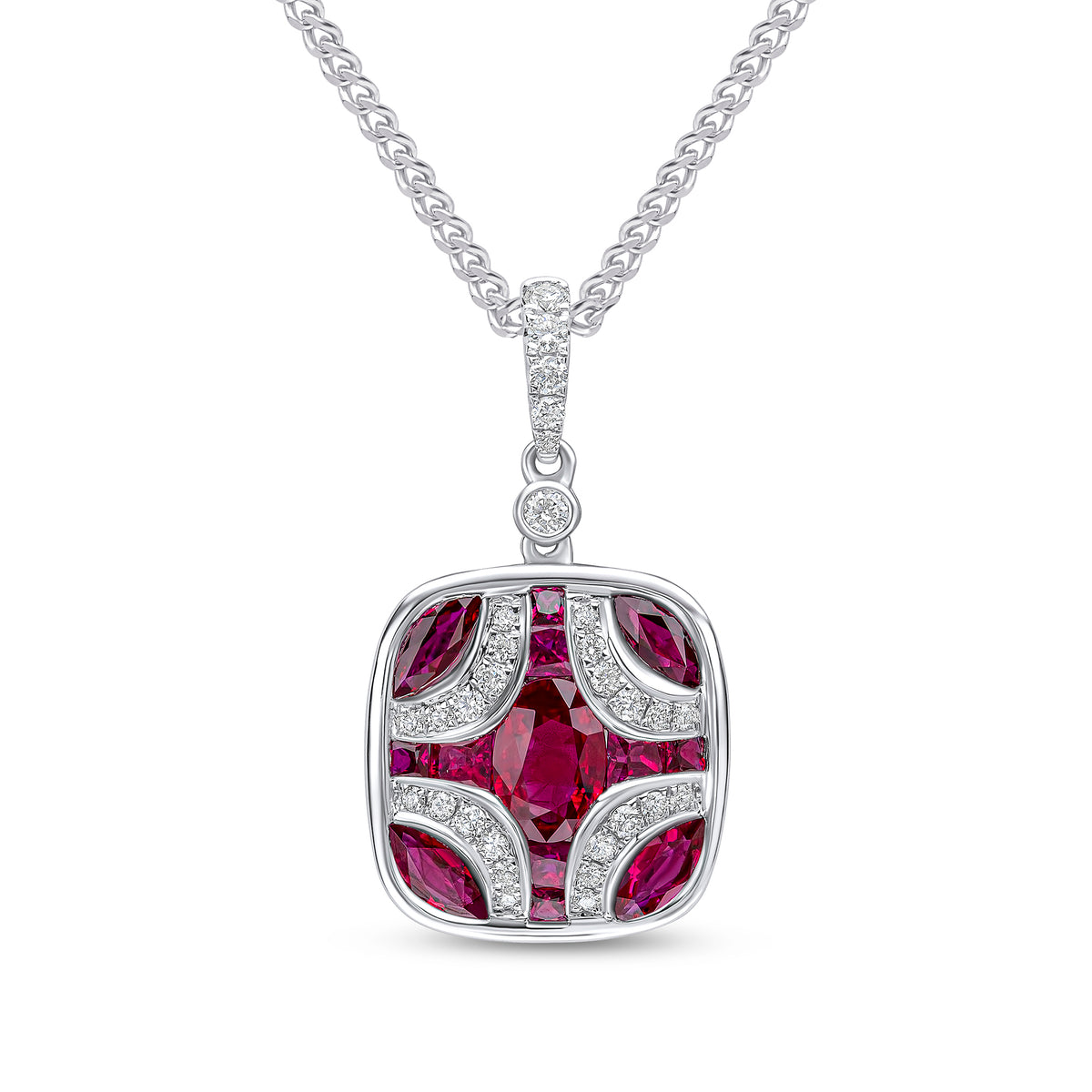 18CT WG RUBY & DIAMOND SHIELD PENDANT WITH DIAMOND SET LOOP