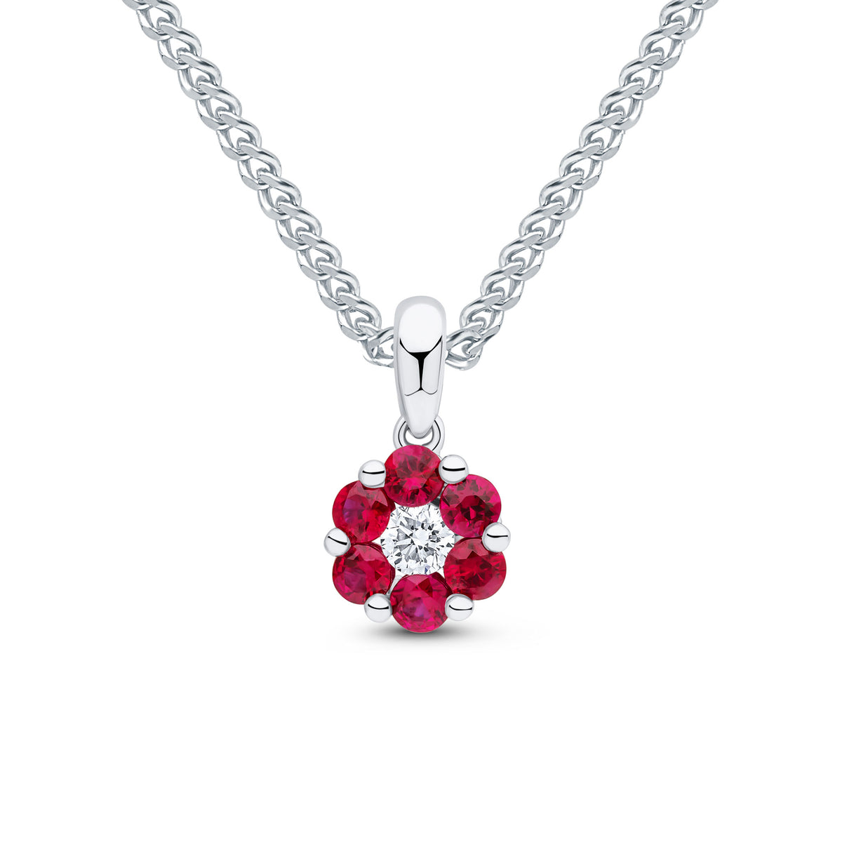 18CT WG ROUND RUBY AND DIAMOND CLAW SET REVERSE CLUSTER PENDANT WITH PLAIN LOOP TOP