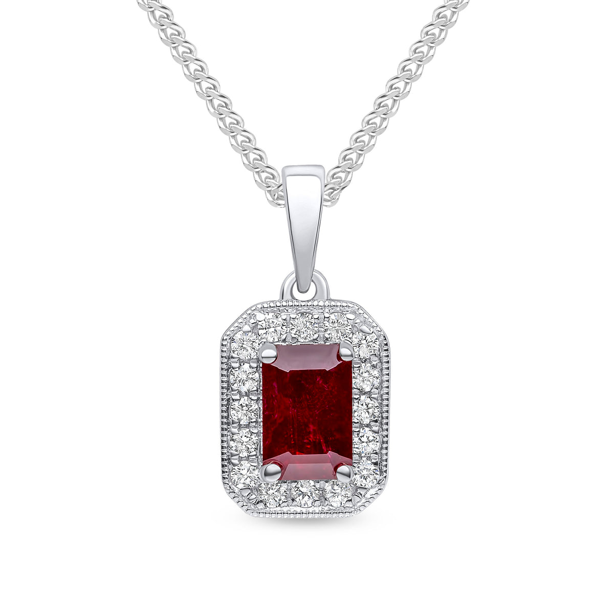 18CT WG 6X4 CLAW SET OCTAGON RUBY & MILLEGRAIN SET ROUND DIAMOND CLUSTER PENDANT WITH PLAIN LOOP TOP