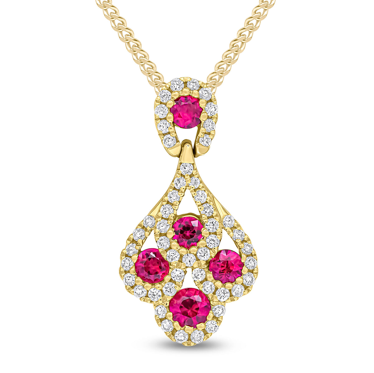 18CT YG ROUND RUBY AND DIAMOND 'PEACOCK' PENDANT