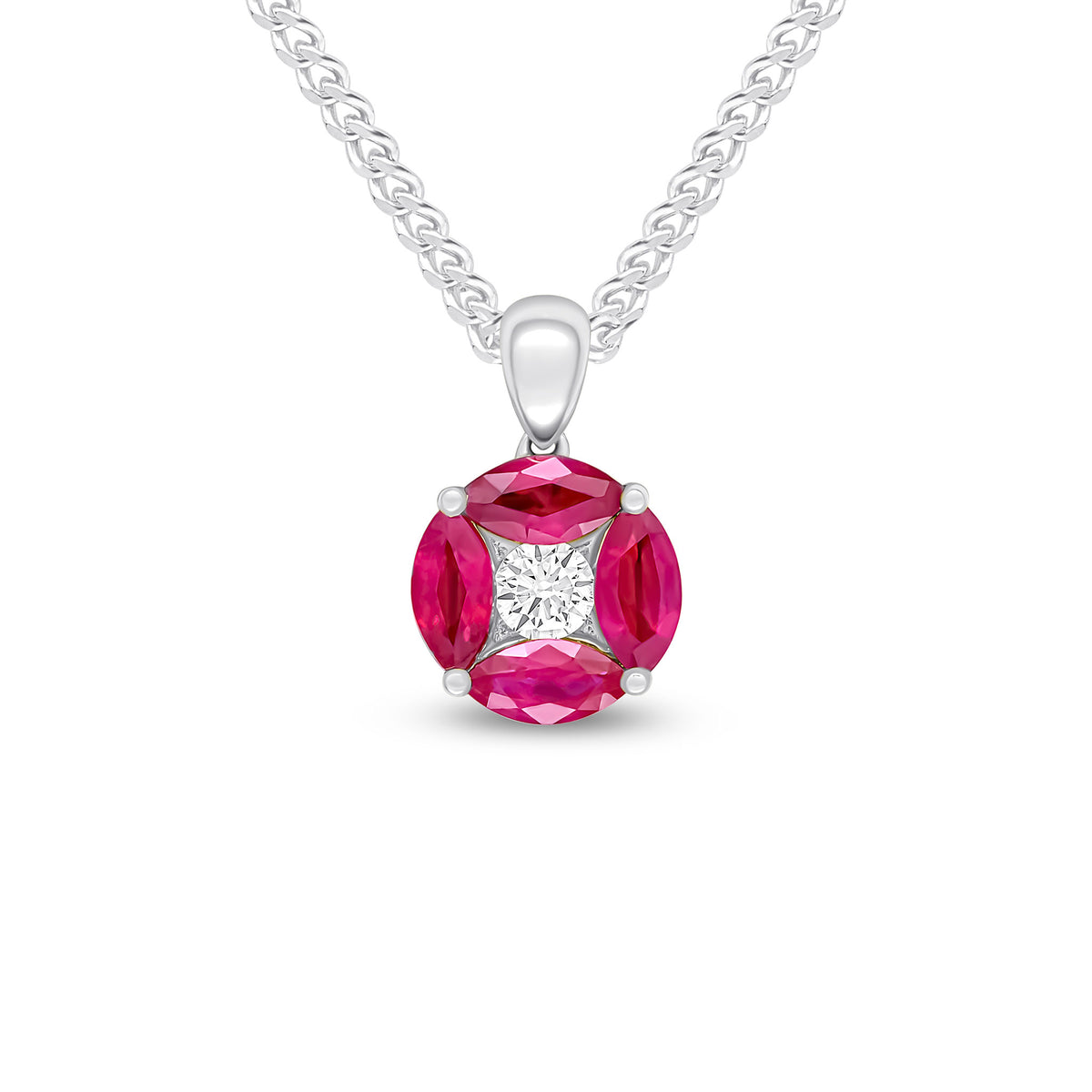 18CT WG MARQUISE RUBY AND ROUND DIAMOND CLAW SET ROUND CLUSTER PENDANT