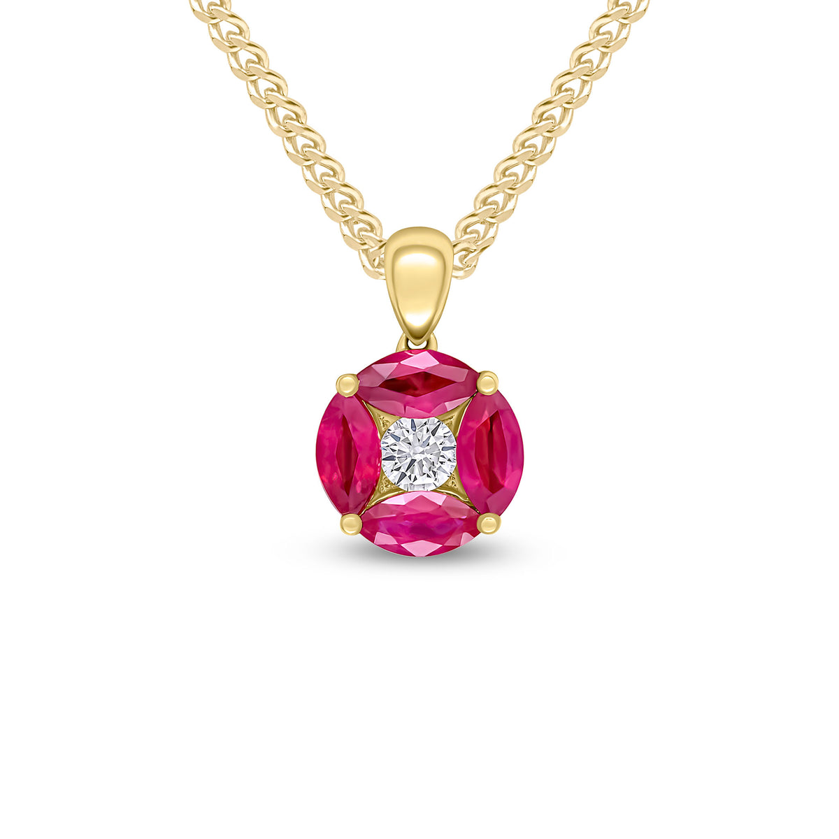 18CT YG MARQUISE RUBY & DIAMOND REVERSE CLUSTER PENDANT