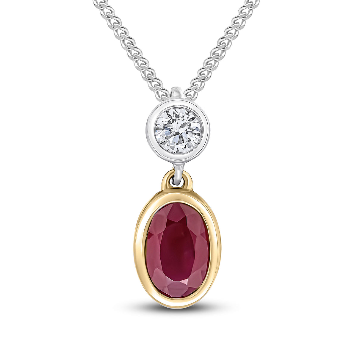 18CT YWG OVAL RUBY & ROUND DIAMOND 2ST RUBOVER SLIDER PENDANT