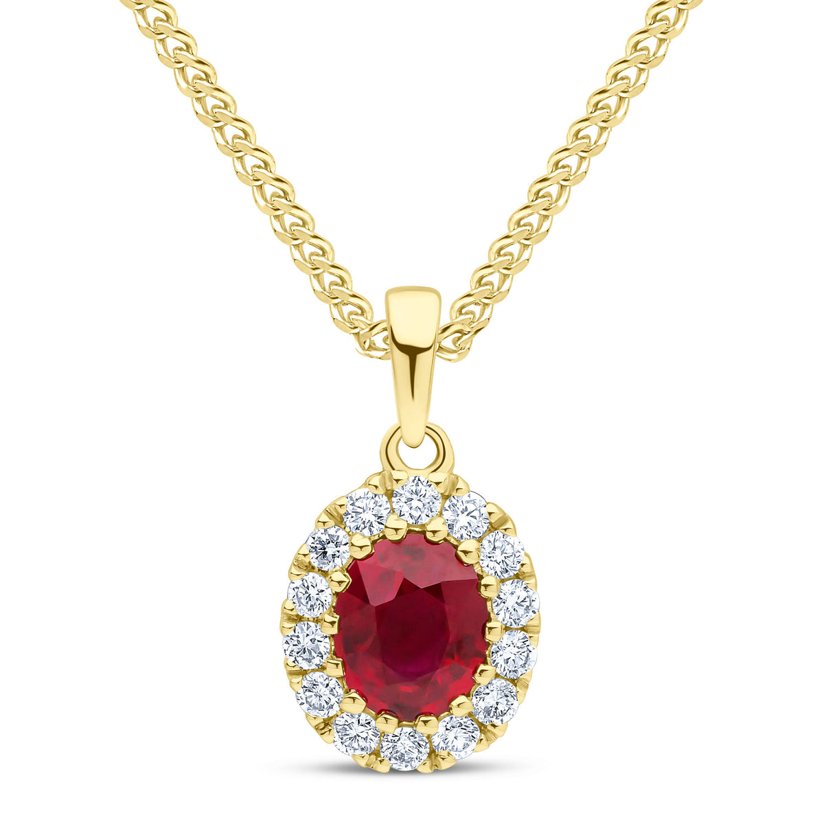 18CT YG 5X4 OVAL RUBY AND ROUND DIAMOND CLAW SET CLUSTER PENDANT