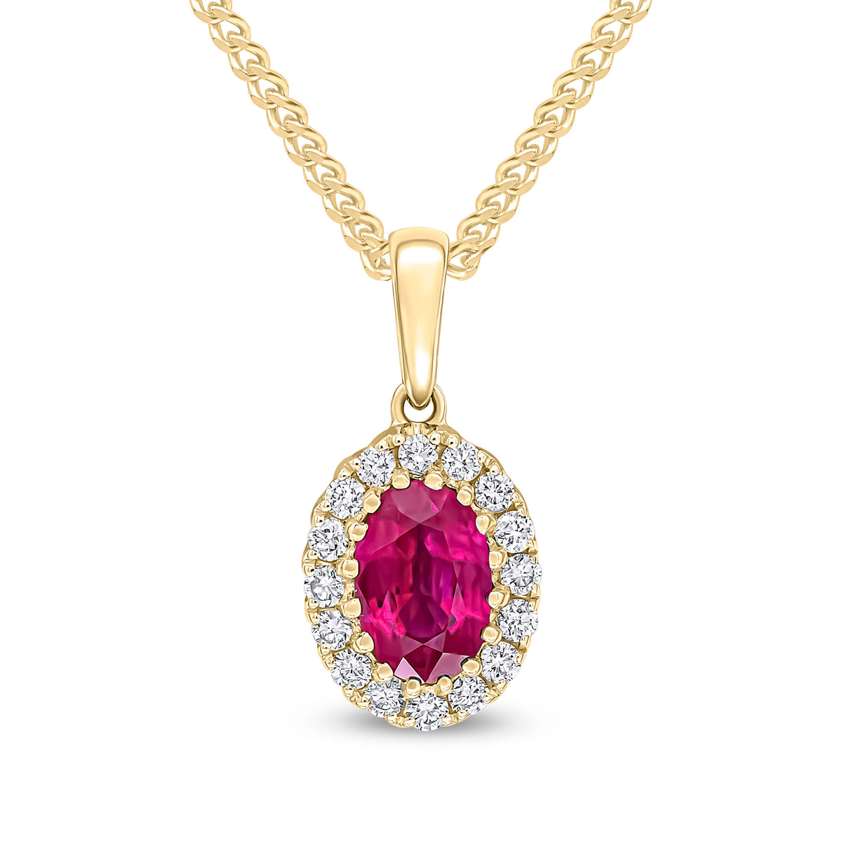 18CT YG 6X4 OVAL RUBY AND ROUND DIAMOND CLAW SET CLUSTER PENDANT