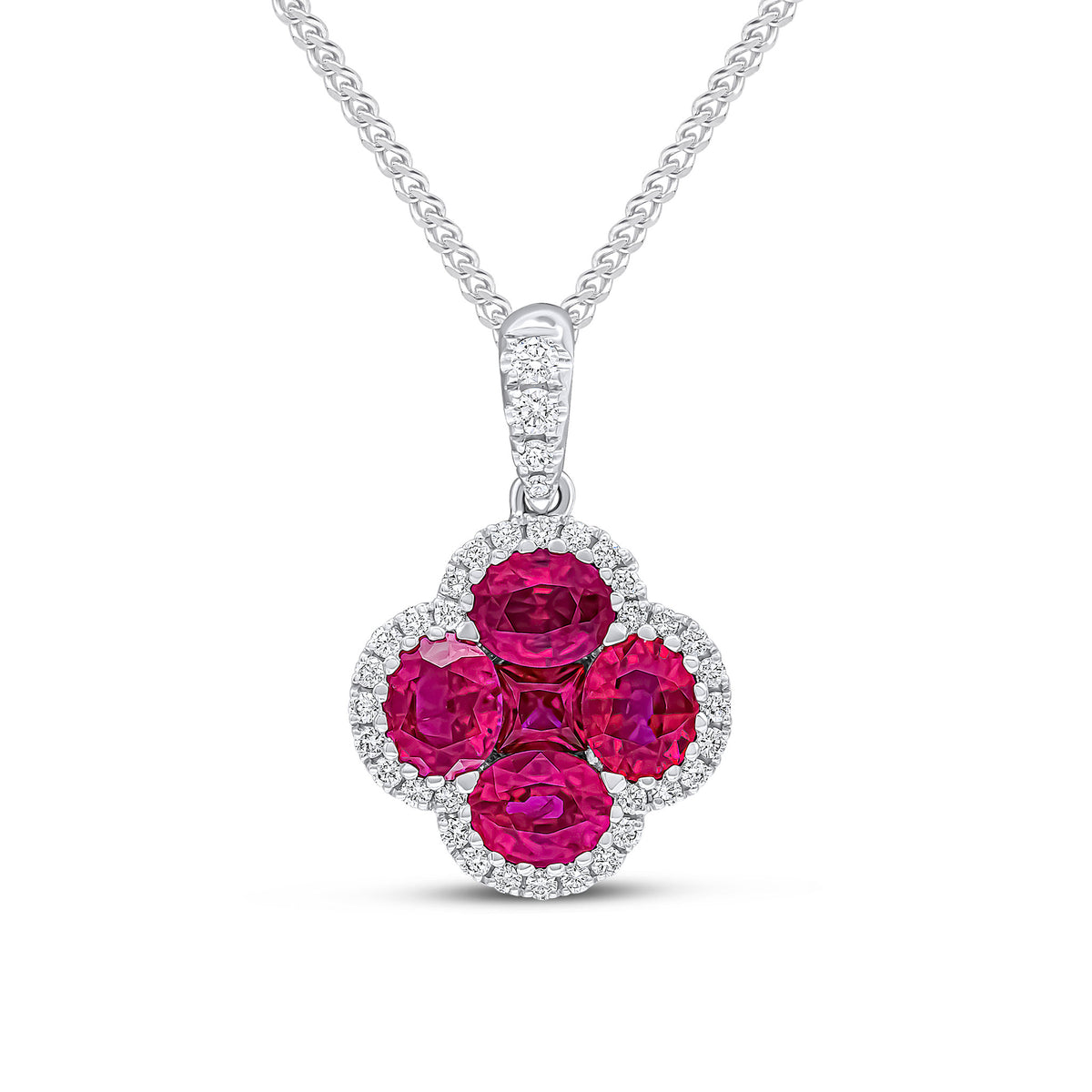 18CT WG OVAL & SQUARE RUBY AND ROUND DIAMOND QUATREFOIL PENDANT WITH DIAMOND SET LOOP