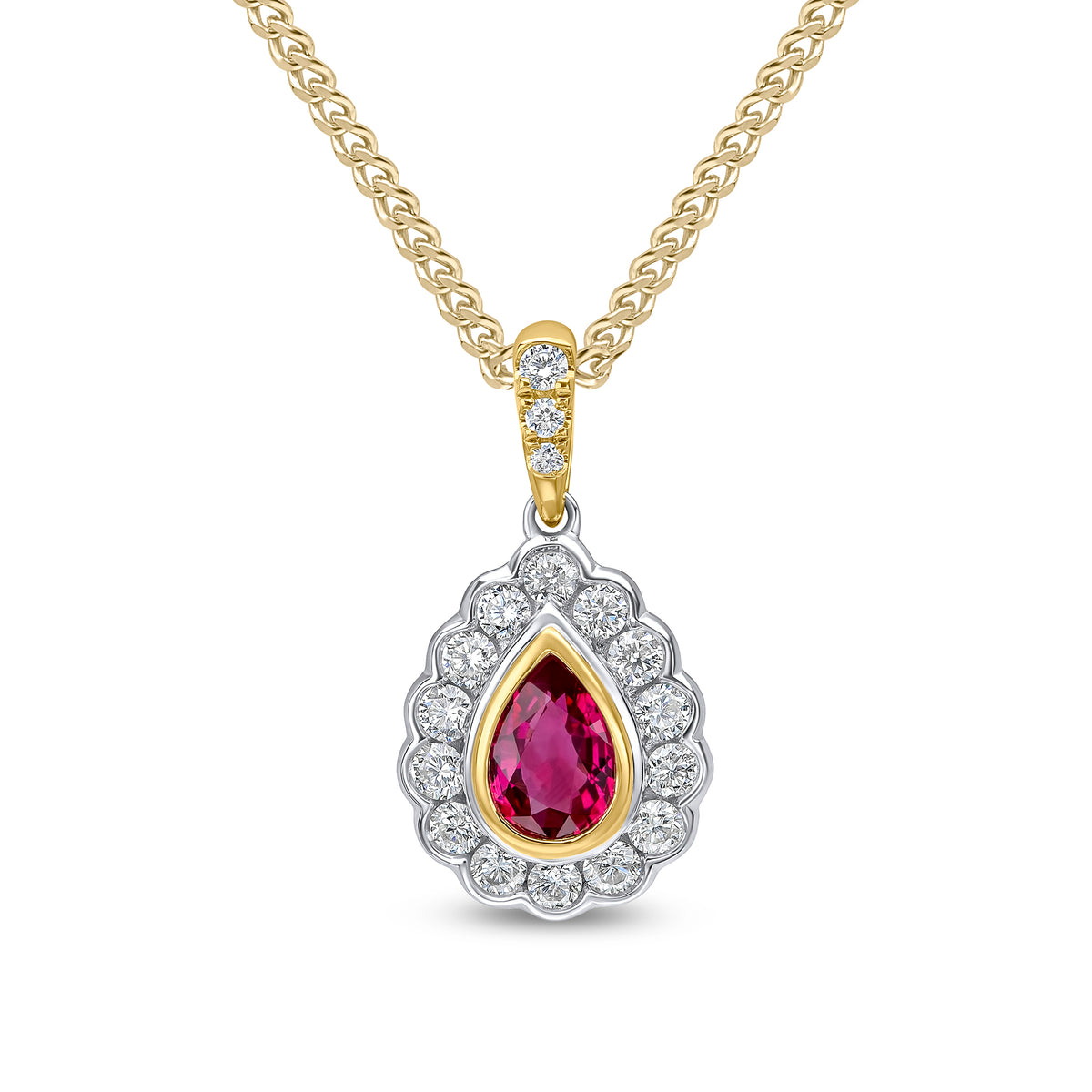 18CT YWG PEARSHAPE RUBY AND ROUND DIAMOND RUBOVER CLUSTER PENDANT. CLAW SET DIAMOND LOOP