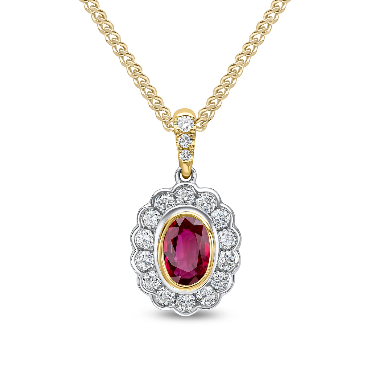 18CT YWG OVAL RUBY AND ROUND DIAMOND RUBOVER CLUSTER PENDANT. CLAW SET DIAMOND LOOP