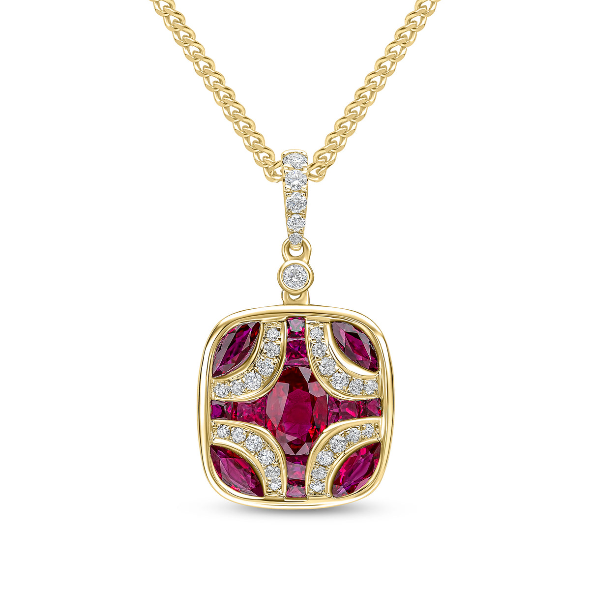 18CT YG RUBY & DIAMOND SHIELD PENDANT WITH DIAMOND SET LOOP