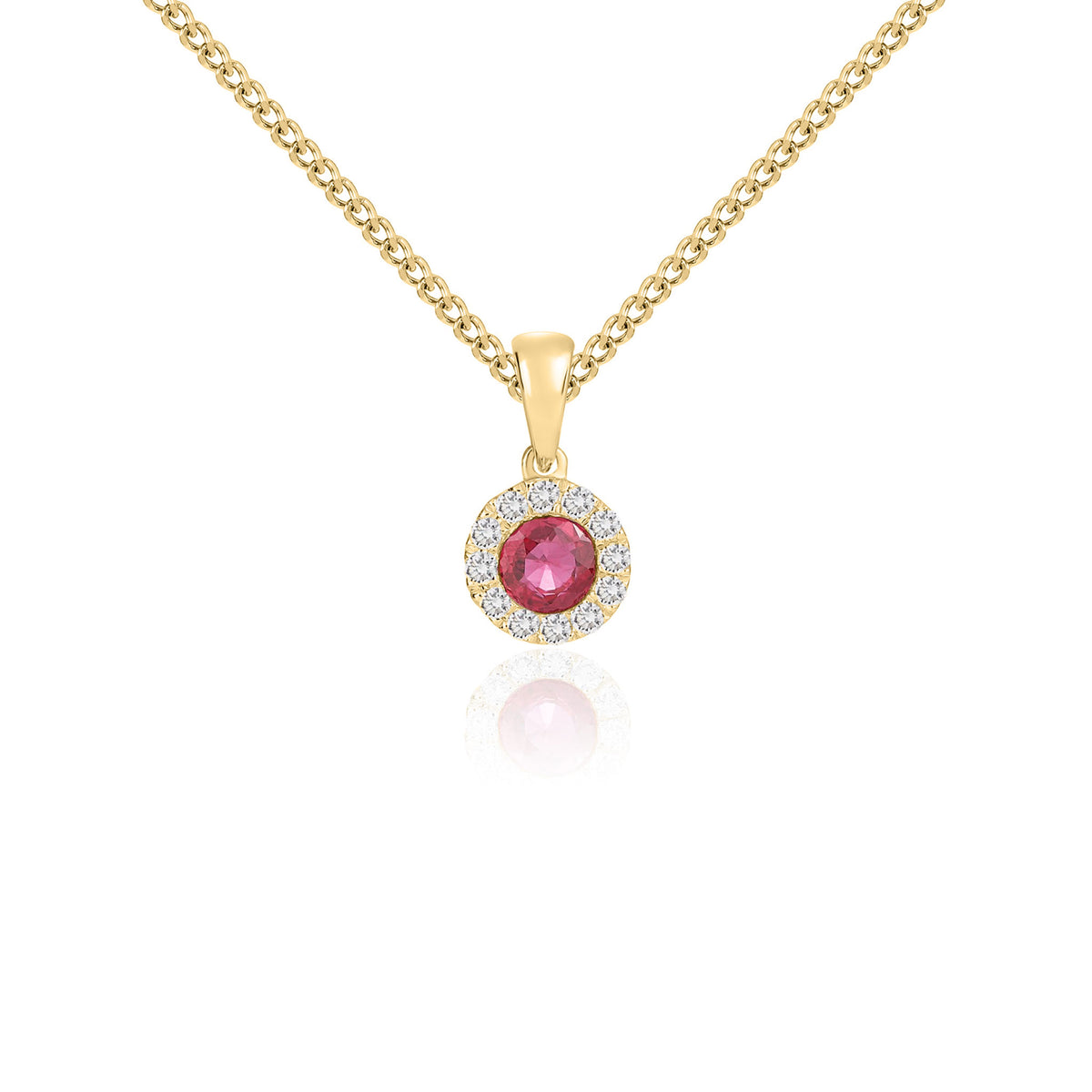 18CT YG 4MM ROUND RUBY AND DIAMOND MICROSET CLUSTER PENDANT WITH PLAIN LOOP
