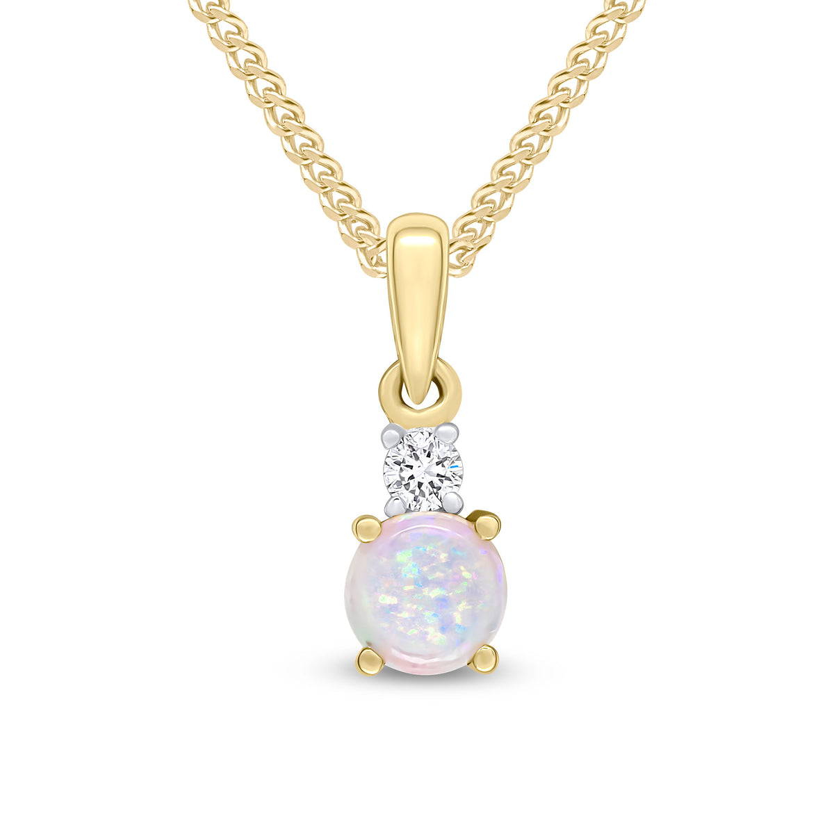 18CT YELLOW GOLD ROUND OPAL AND ROUND DIAMOND CLAW SET 2ST PENDANT WITH PLAIN LOOP TOP