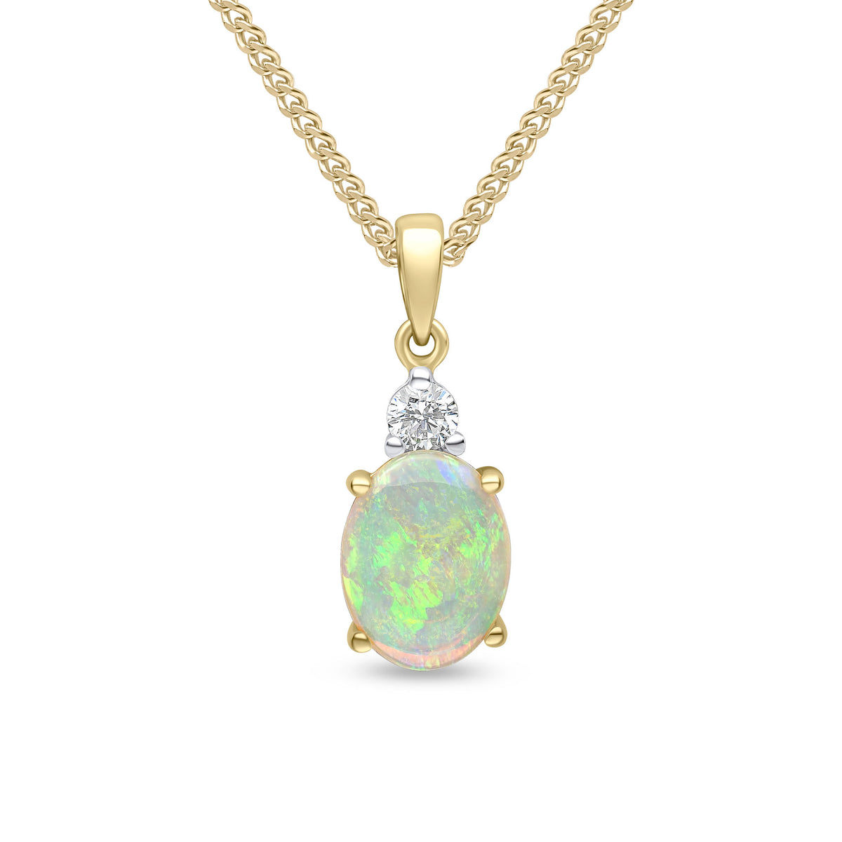 18CT YG 9X7 OVAL OPAL & ROUND DIAMOND 2 STONE PENDANT. RHODIUM TO DIAMOND