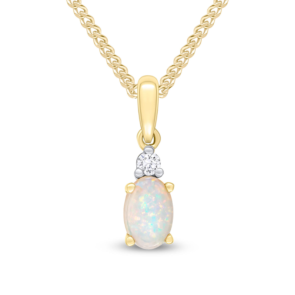 18CT YG 6X4 OVAL OPAL AND ROUND DIAMOND CLAW SET 2ST PENDANT