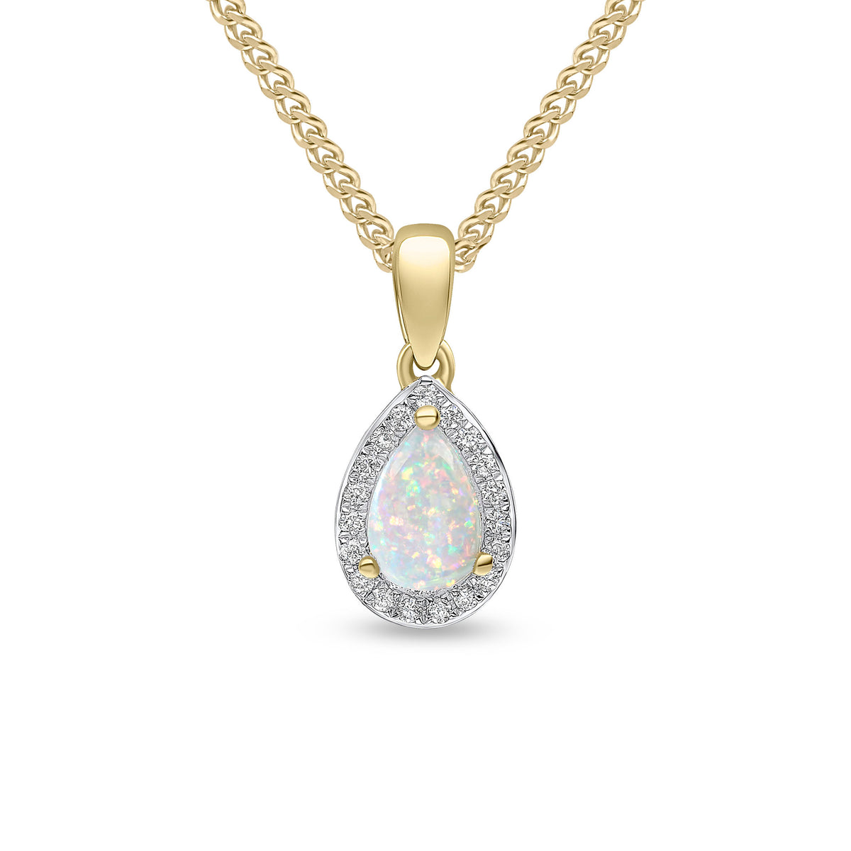 18CT YG CLAW SET 6X4 PEARSHAPE OPAL & DIAMOND CLUSTER PENDANT. RHODIUM TO DIAMONDS