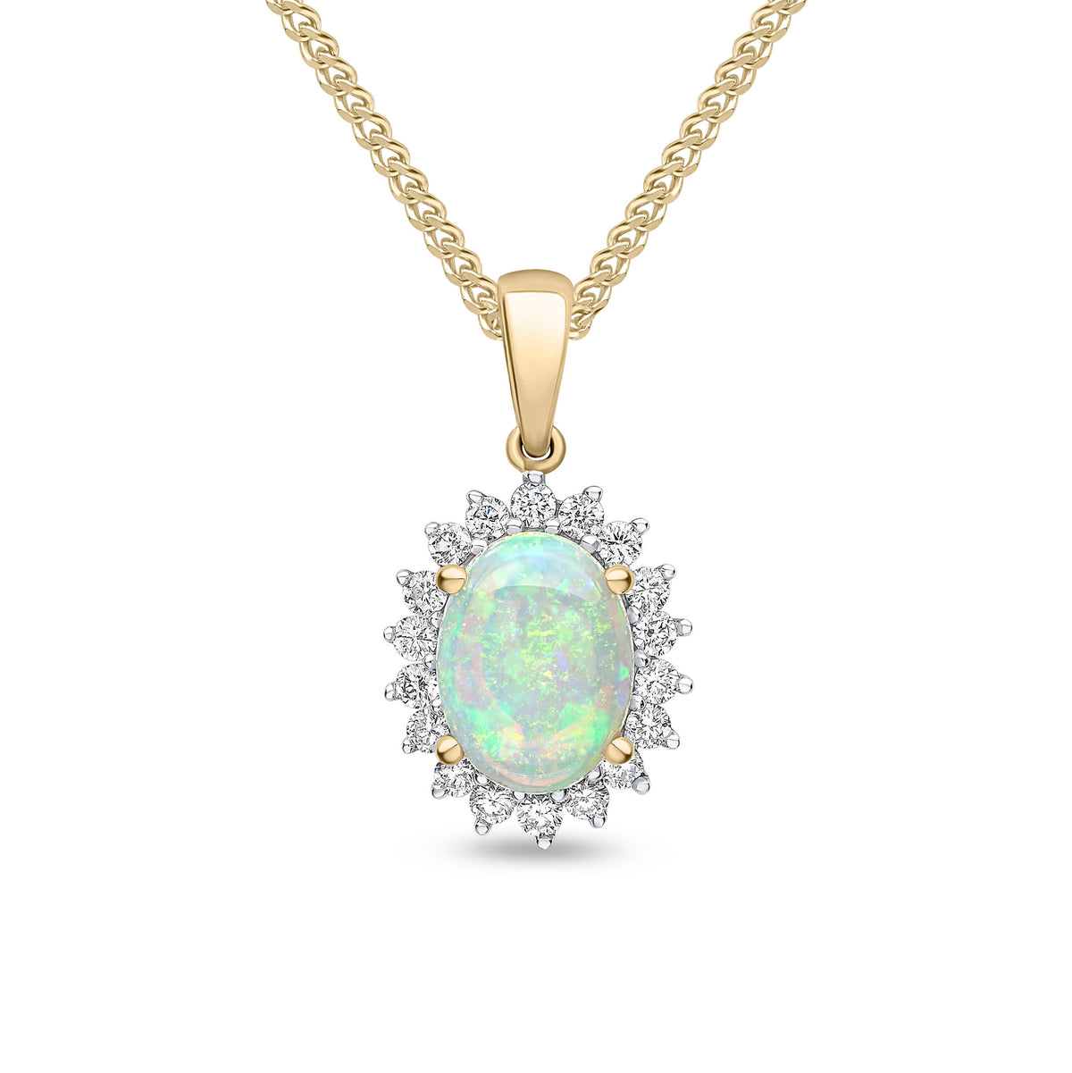 18CT YG 8X6 OVAL OPAL & DIAMOND CLAW CLUSTER PENDANT. RHODIUM TO DIAMONDS
