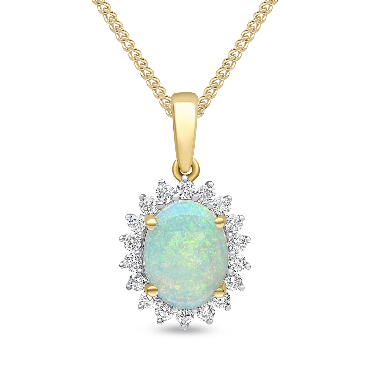 18CT YG 9X7 OVAL OPAL & DIAMOND CLAW CLUSTER PENDANT RHODIUM TO DIAMONDS