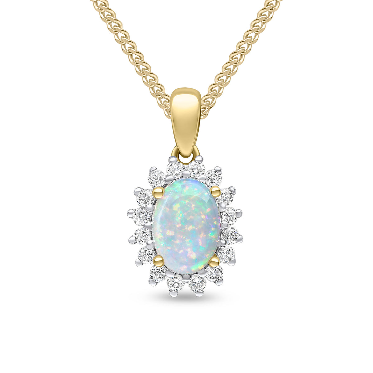 18CT YG 7X5 OVAL OPAL & DIAMOND CLAW CLUSTER PENDANT RHODIUM TO DIAMONDS