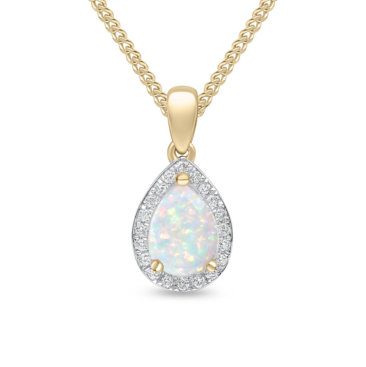 18CT YG CLAW SET 7X5 PEARSHAPE OPAL & DIAMOND CLUSTER PENDANT. RHODIUM TO DIAMONDS