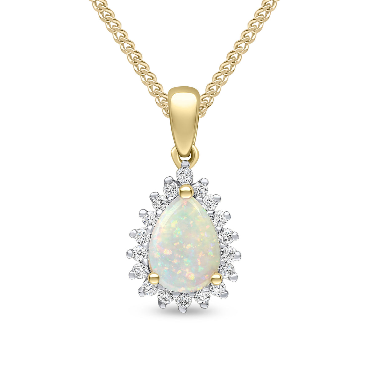 18CT YG 7X5 PEARSHAPE OPAL & DIAMOND CLAW CLUSTER PENDANT. RHODIUM TO DIAMONDS