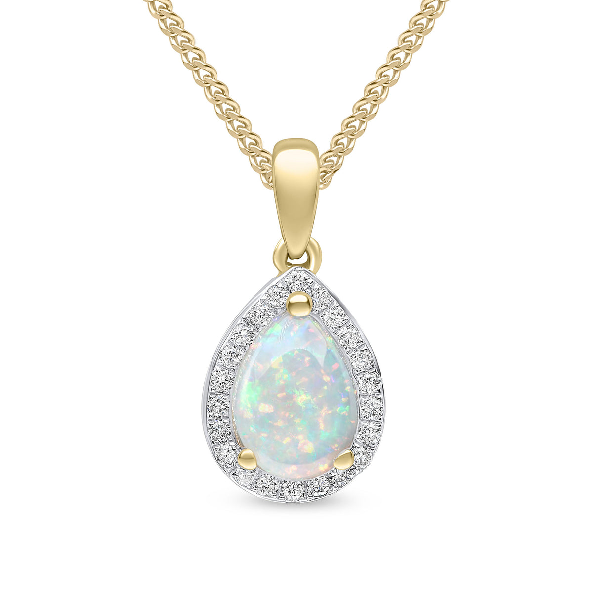 18CT YG CLAW SET 8X6 PEARSHAPE OPAL & DIAMOND CLUSTER PENDANT. RHODIUM TO DIAMONDS