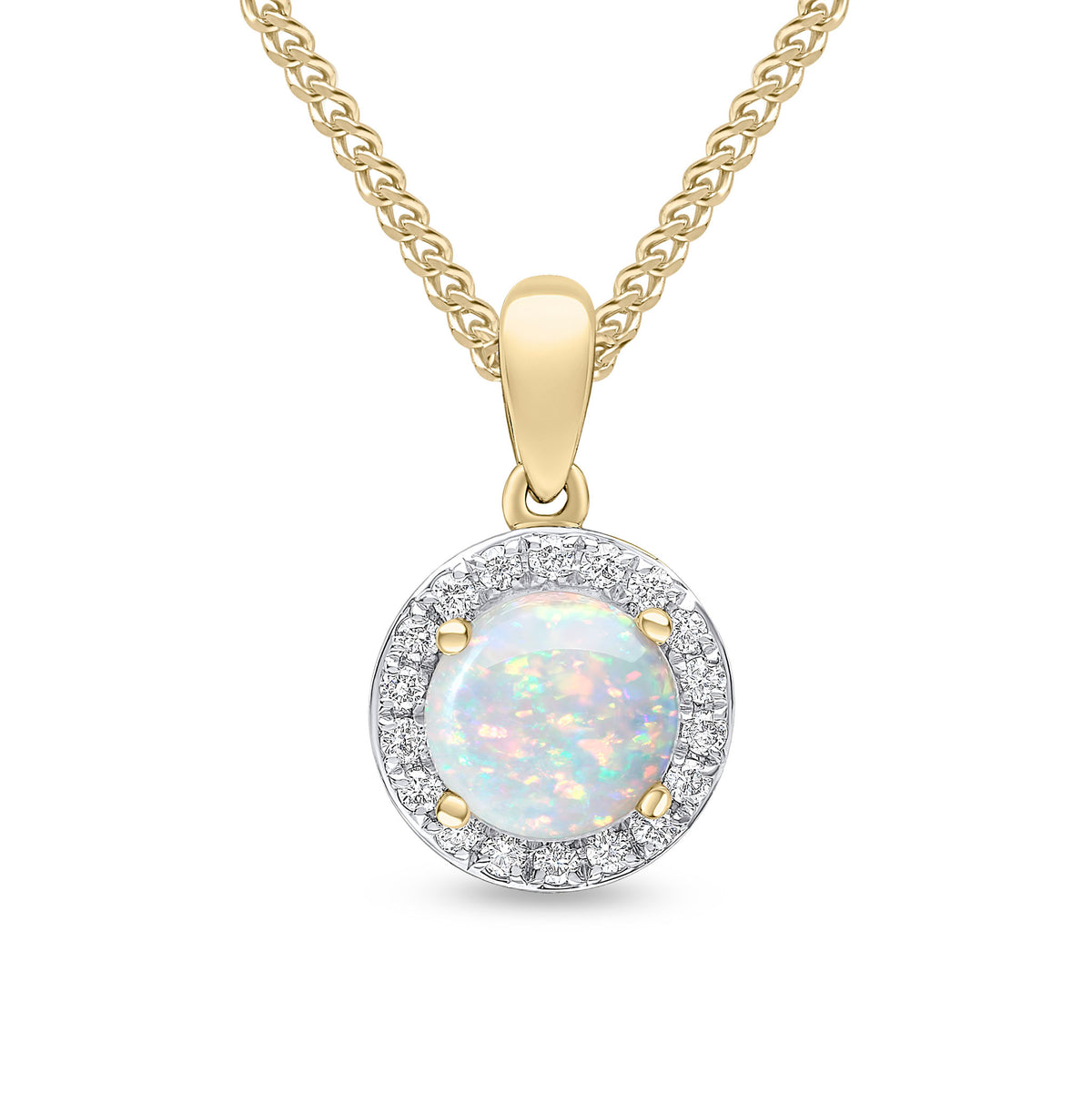 18CT YG 6MM ROUND OPAL & DIAMOND CLAW SET CLUSTER PENDANT. RHODIUM TO DIAMONDS