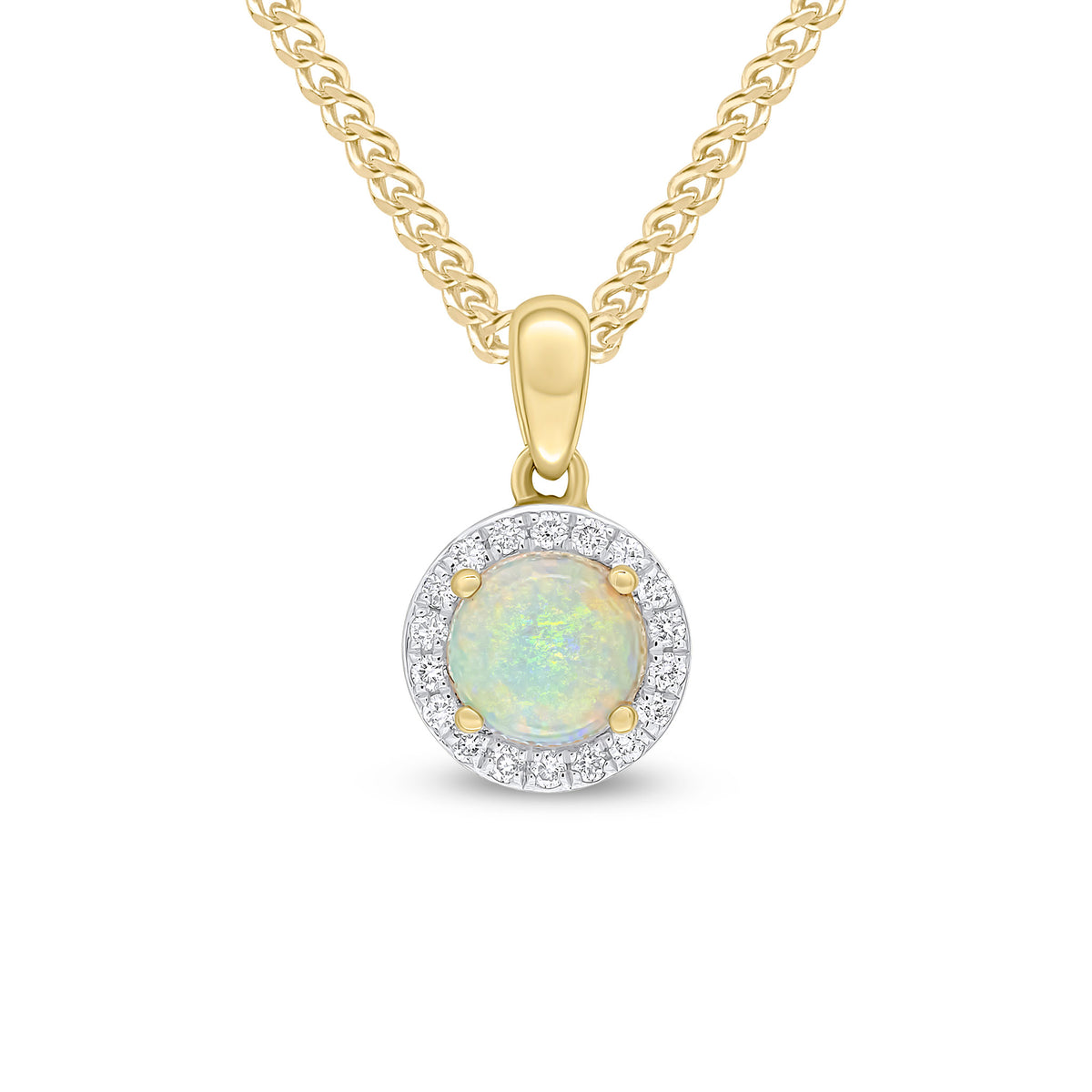 18CT YG 5.5MM ROUND OPAL & DIAMOND CLAW SET CLUSTER PENDANT. RHODIUM TO DIAMONDS