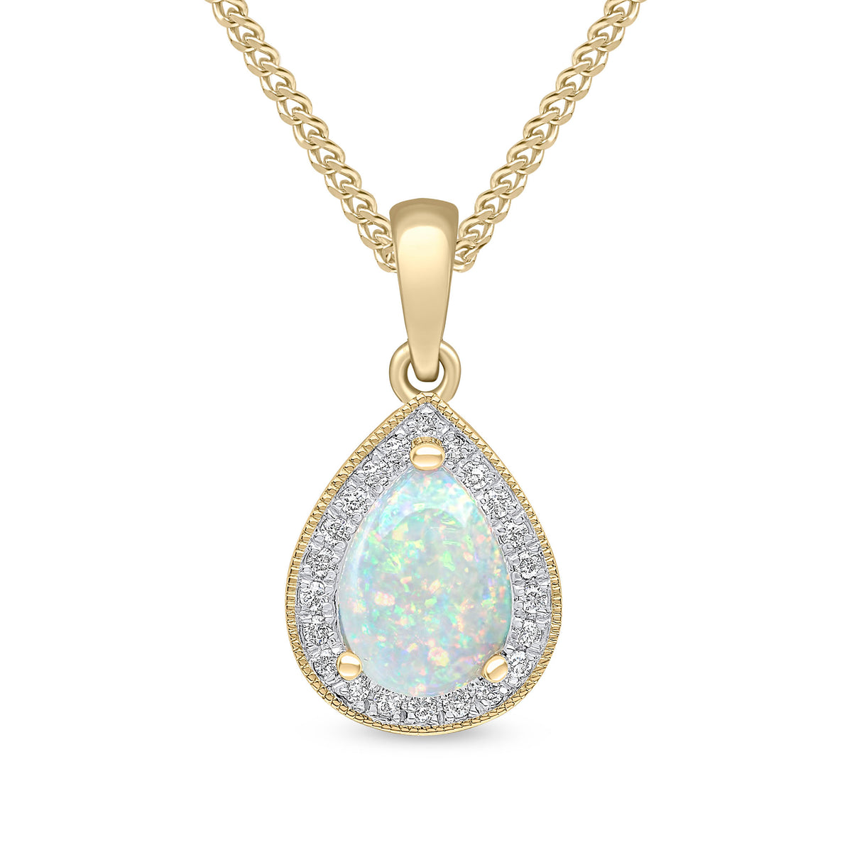 18CT YG CLAW SET 8X6 PEARSHAPE OPAL AND ROUND DIAMOND CLUSTER PENDANT. MILLEGRAIN EDGE