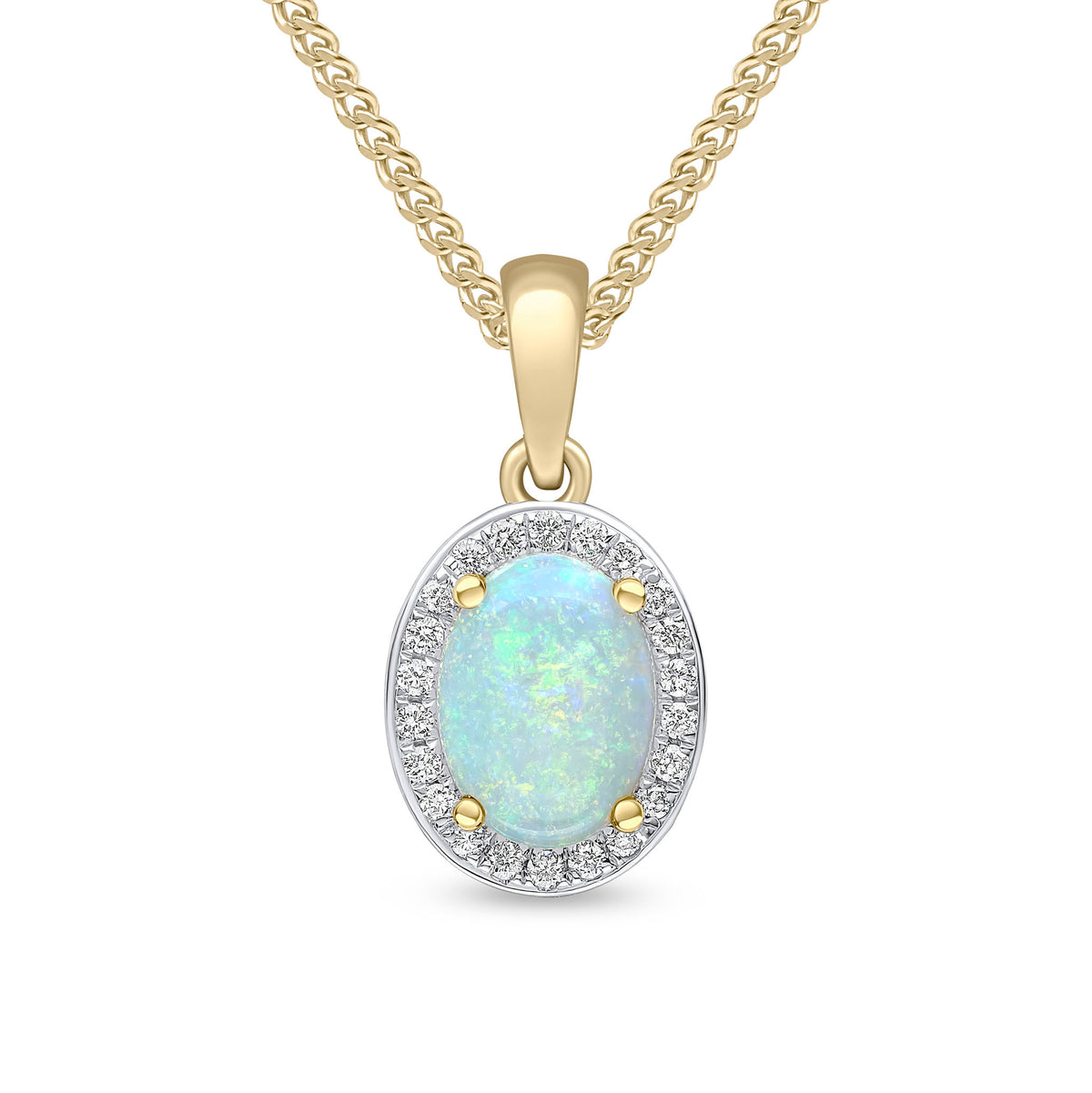 18CT YG CLAW SET 8X6MM OVAL OPAL AND GRAIN SET ROUND DIAMOND CLUSTER PENDANT. RHODIUM TO DIAMONDS