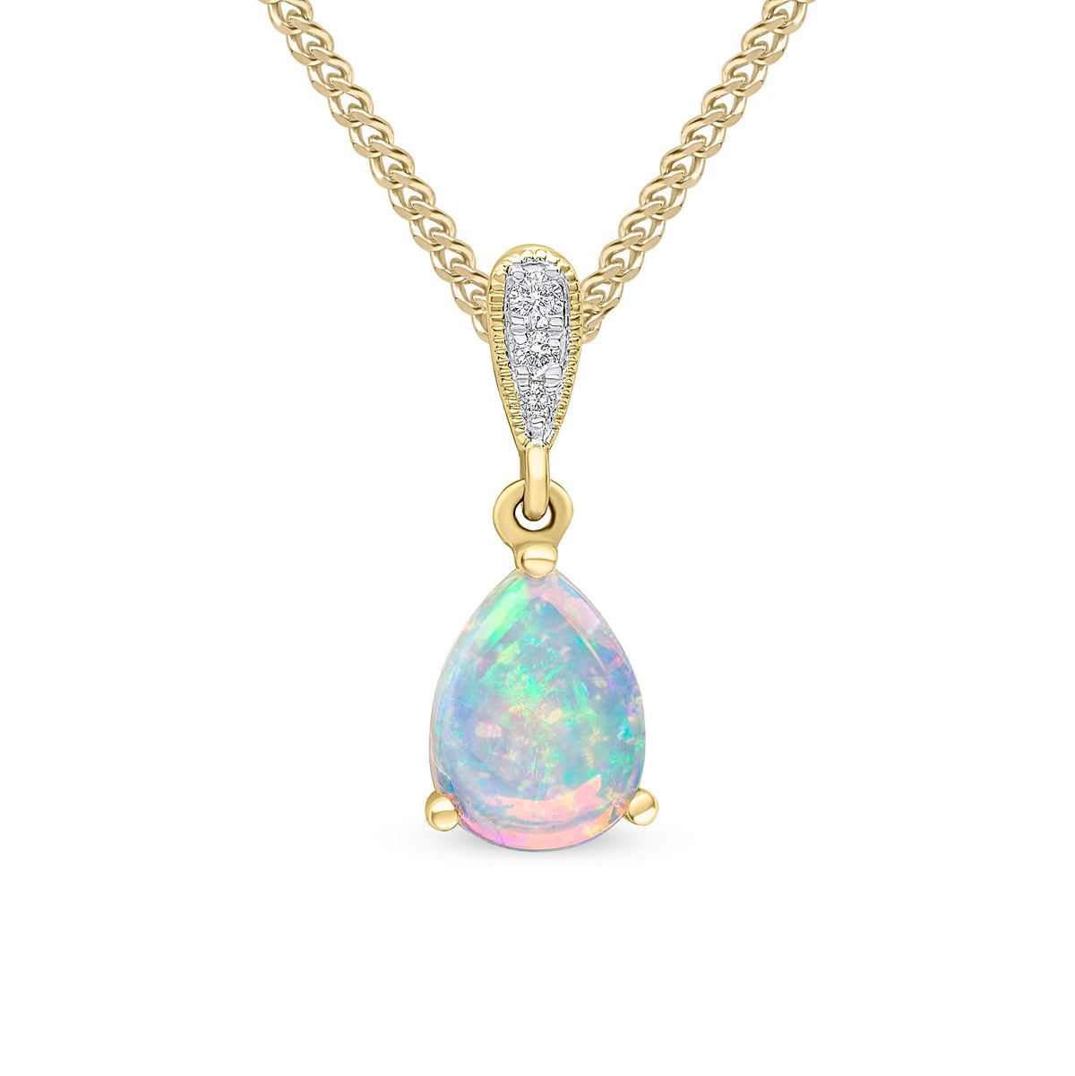 18CT YG CLAW SET 8X6 PEARSHAPE OPAL AND GRAIN SET DIAMOND LOOP PENDANT. RHODIUM TO DIAMONDS