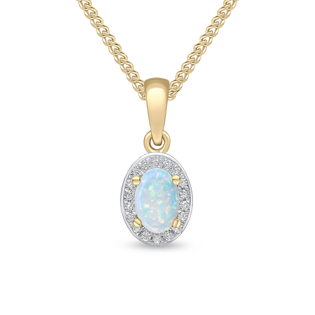 18CT YG CLAW SET 6X4 OVAL OPAL AND GRAIN SET ROUND DIAMOND CLUSTER PENDANT. RHODIUM TO DIAMONDS