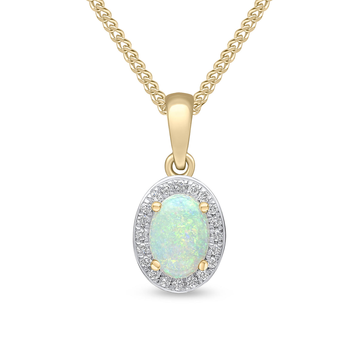 18CT YG CLAW SET 7X5 OVAL OPAL AND GRAIN SET ROUND DIAMOND CLUSTER PENDANT. RHODIUM TO DIAMONDS
