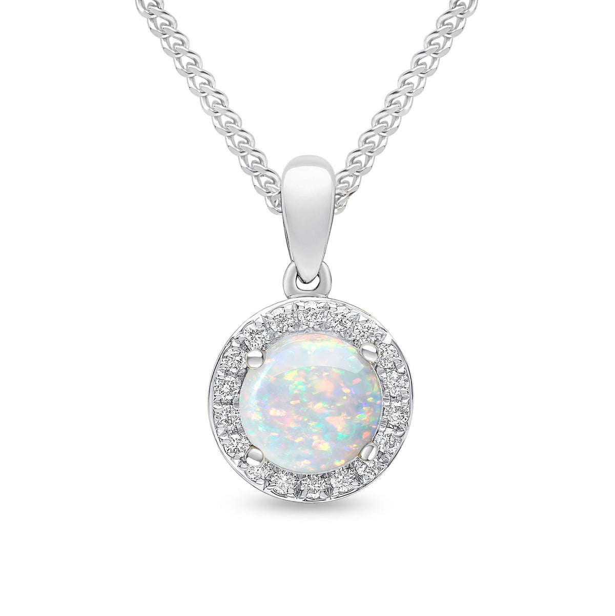 18WG 6MM ROUND OPAL & DIAMOND CLUSTER PENDANT
