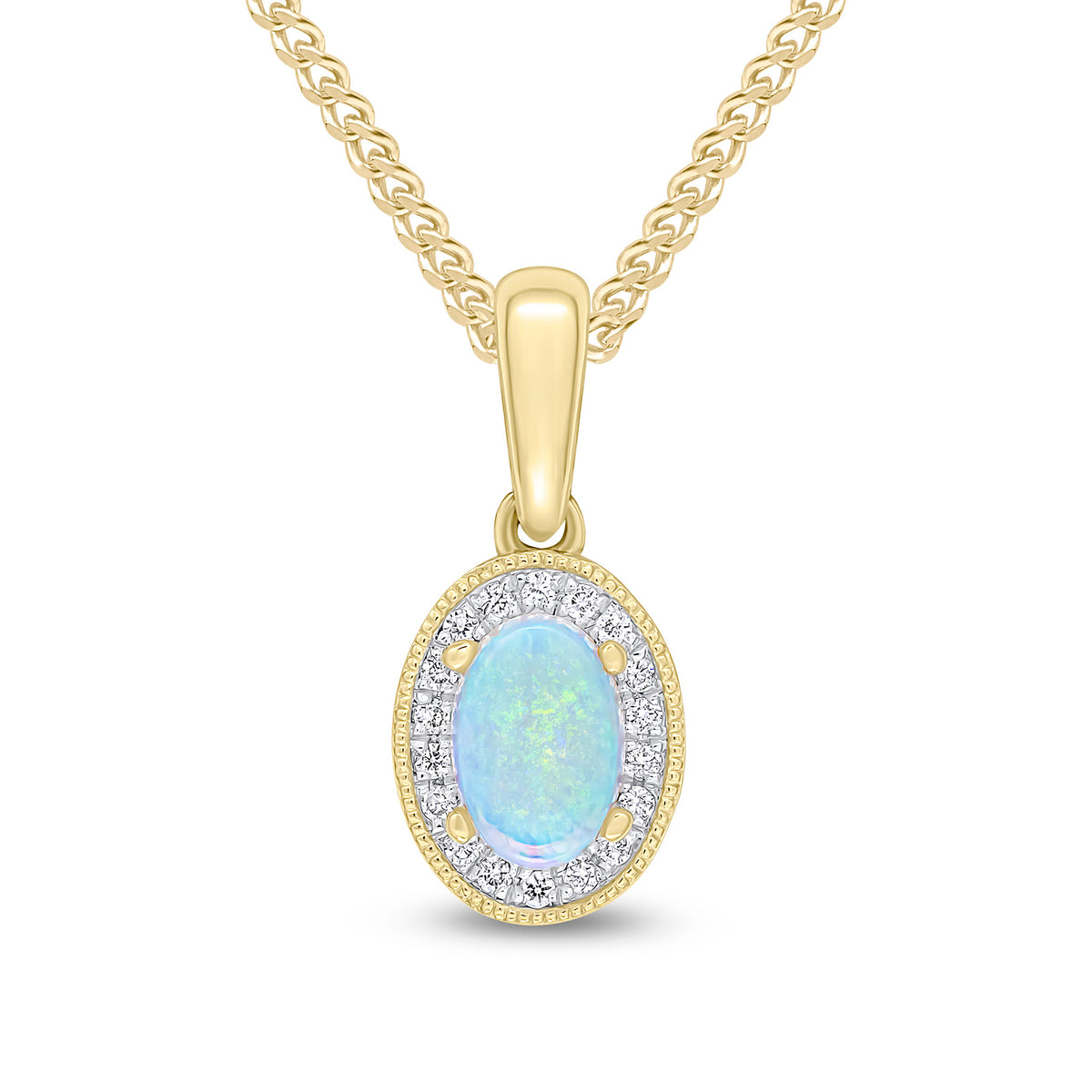 18CT YG CLAW SET 6X4MM OVAL OPAL AND DIAMOND CLUSTER PENDANT. MILLEGRAIN EDGE