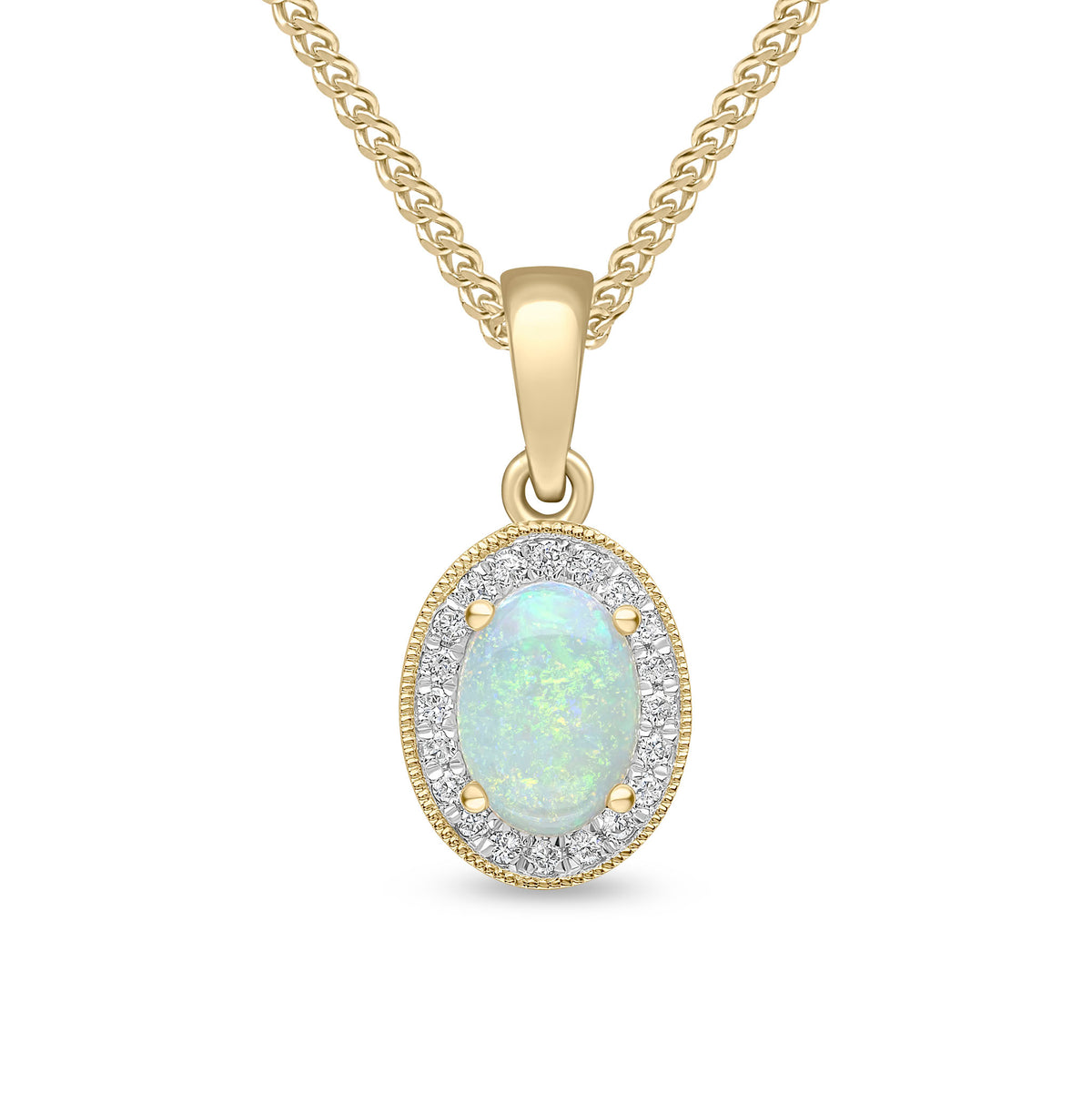 18CT YG CLAW SET 7X5MM OVAL OPAL AND DIAMOND CLUSTER PENDANT. MILLEGRAIN EDGE
