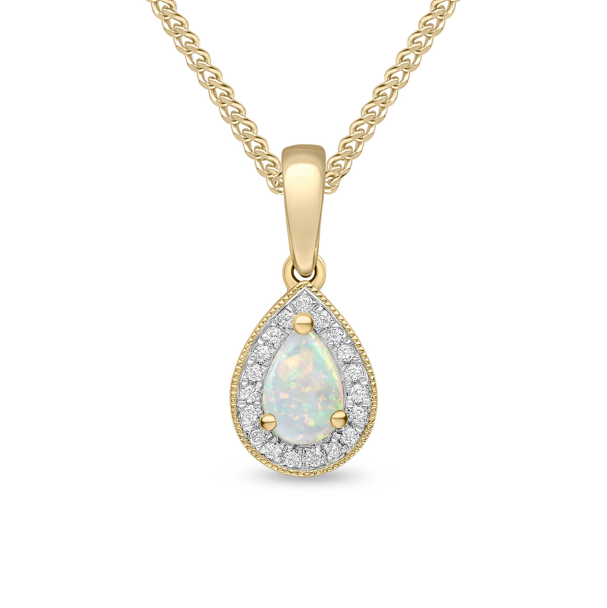18CT YG CLAW SET 6X4 PEARSHAPE OPAL & DIAMOND CLUSTER PENDANT. MILLGRAIN EDGE