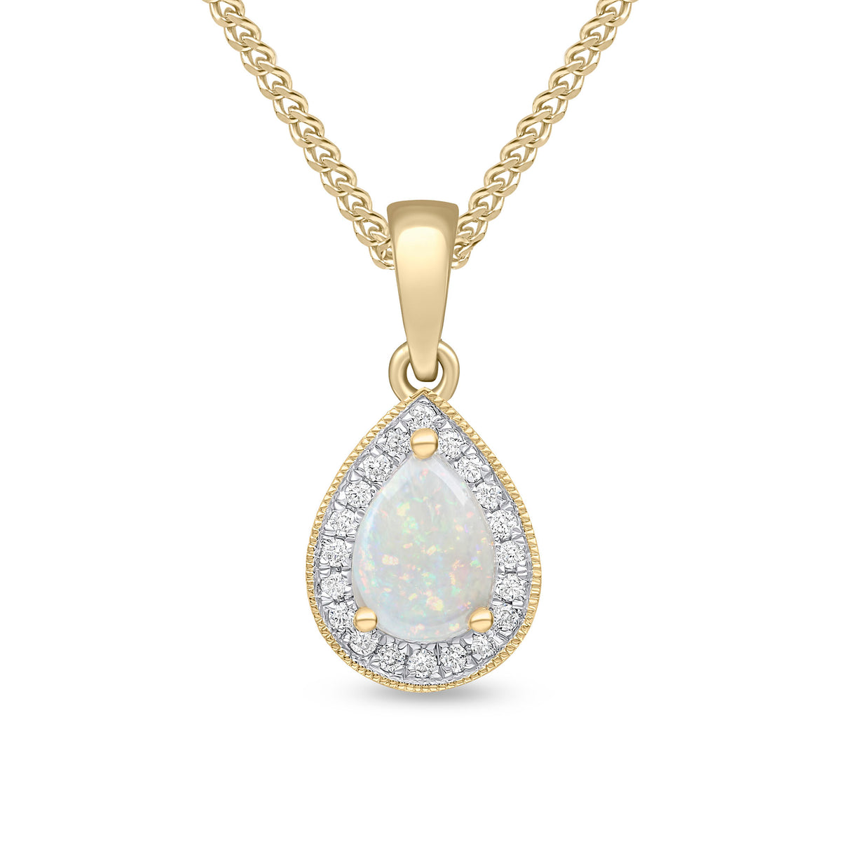18CT YG CLAW SET 7X5 PEARSHAPE OPAL & DIAMOND CLUSTER PENDANT. MILLGRAIN EDGE