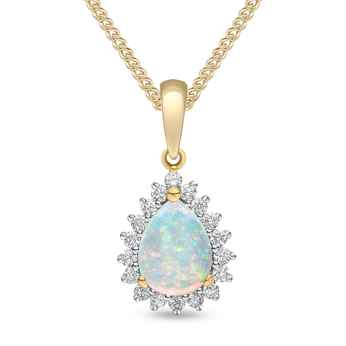18CT YG 8X6 PEARSHAPE OPAL AND ROUND DIAMOND CLAW SET CLUSTER PENDANT. RHODIUM TO DIAMONDS