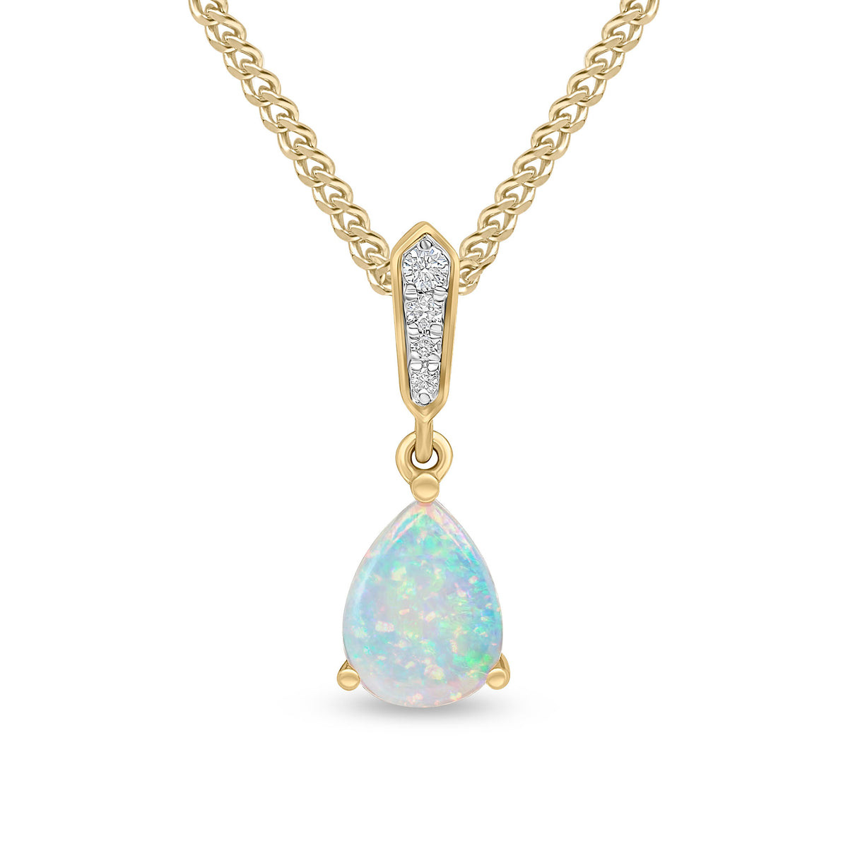 18CT YG CLAW SET 8X6 PEARSHAPE OPAL & GRAIN SET DIAMOND LOOP PENDANT. RHODIUM TO DIAMONDS