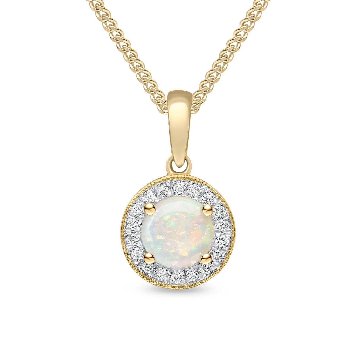 18CT YG CLAW SET 6MM ROUND OPAL & DIAMOND CLUSTER PENDANT. MILLEGRAIN EDGE