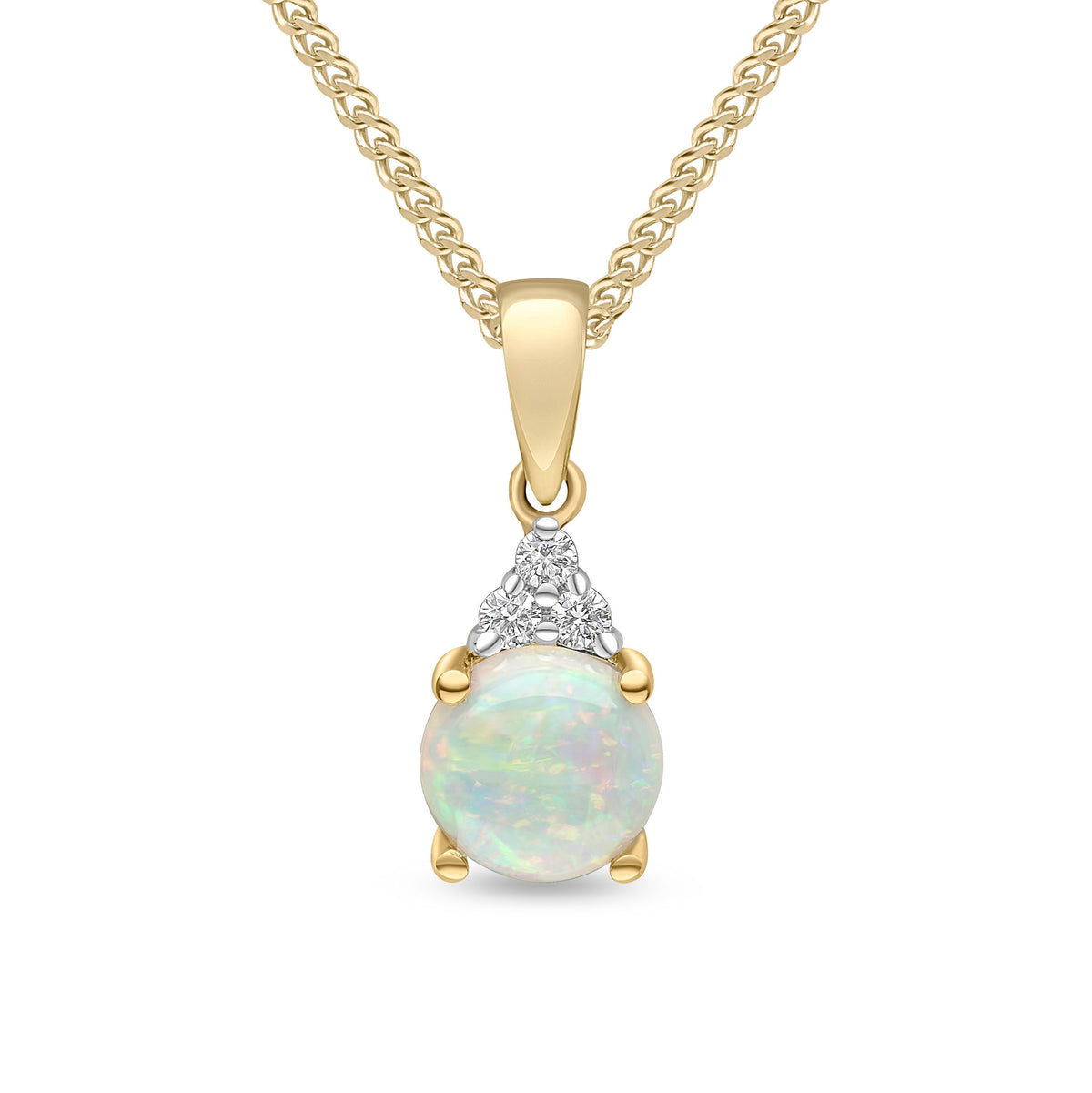 18CT YG 6MM ROUND OPAL & DIAMOND TREFOIL PENDANT. RHODIUM TO DIAMONDS